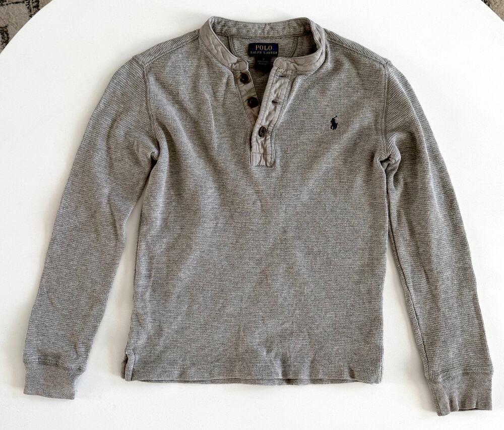 Polo Ralph Lauren Gray Waffle Knit Henley Long Sleeve Shirt Youth Kids Size 7